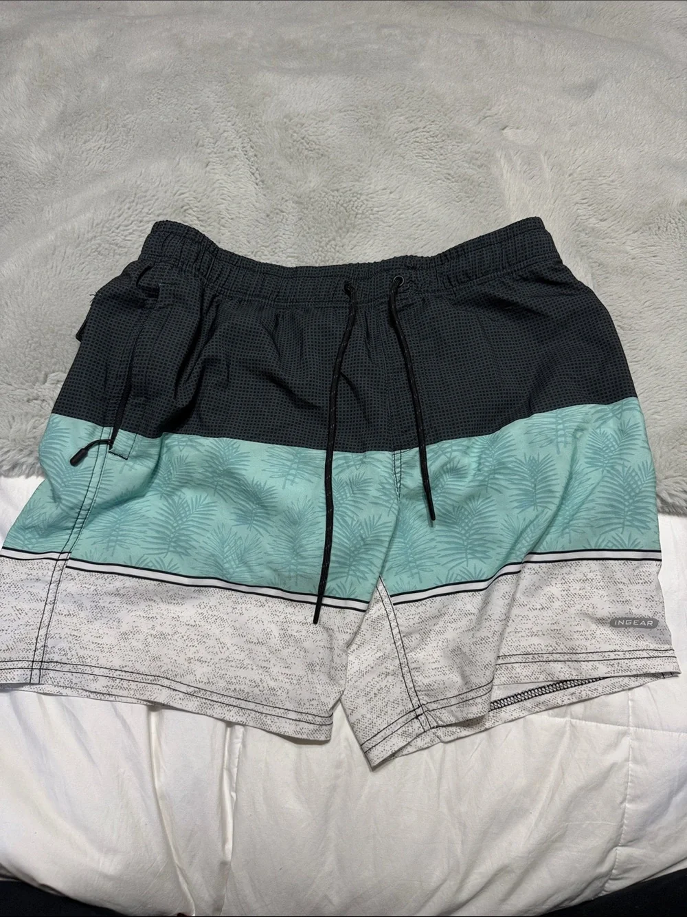 Ingear Men’s Black, Teal & Light Gray Palm-Stripe Swim Trunks